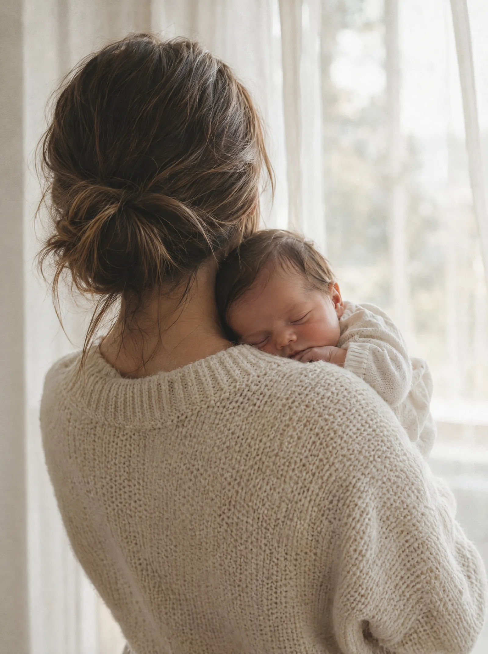 A mother holding her newborn by a bright window
