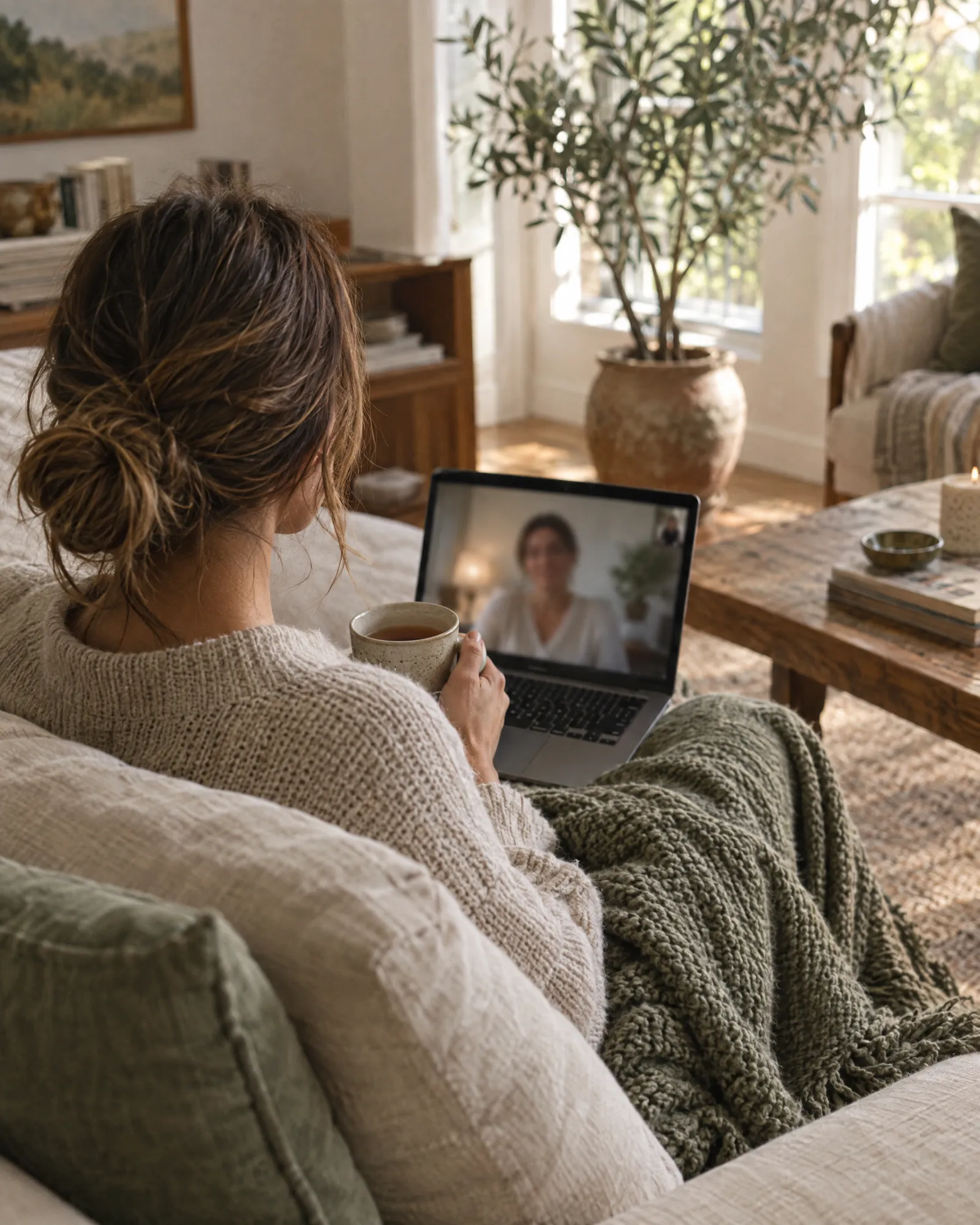 A patient on a secure video visit from a cozy living room